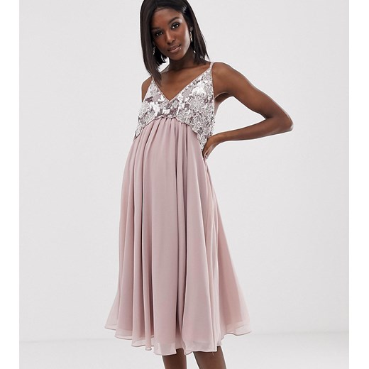 ASOS DESIGN Maternity – Sukienka midi na ramiączkach z krótką zdobioną górą z perełkami-Różowy Asos 34 Asos Poland