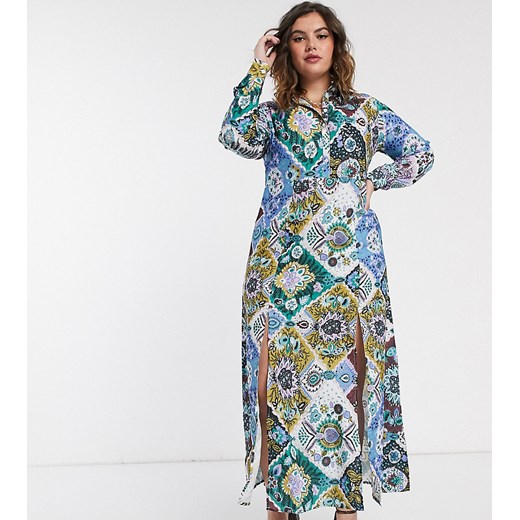 Sukienka Ax Paris Plus szmizjerka na spacer w abstrakcyjnym wzorze wielokolorowa maxi 