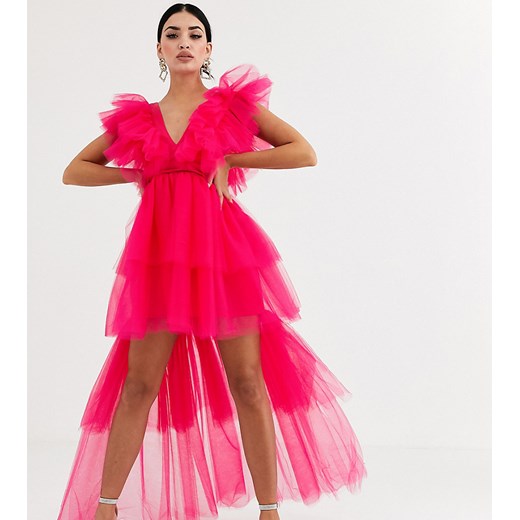 Flounce London – Różowa sukienka maxi z tiulu z falbanami i dłuższym tyłem-Różowy Flounce London  36 Asos Poland