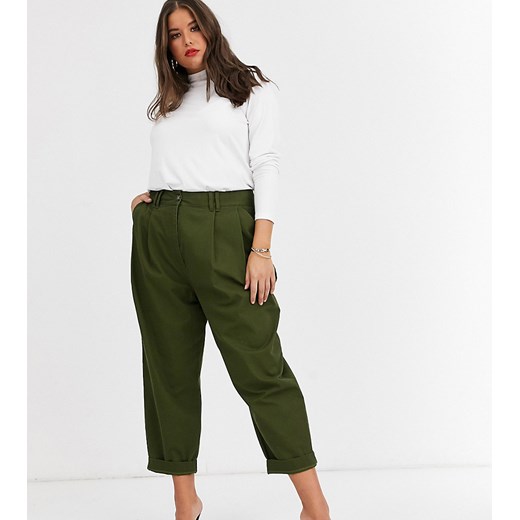 ASOS DESIGN Curve – Spodnie w kolorze khaki o owalnym kroju z nogawkami do kostki i zakładkami z przodu-Zielony