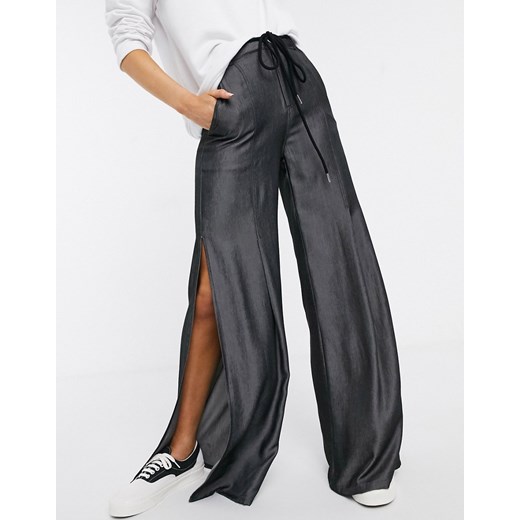 Skylar Rose - Spodnie z szerokimi nogawkami z miękkiej tkaniny chambray, wiązane na sznurek-Czarny