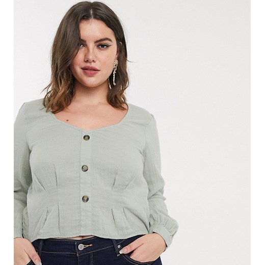 Vero Moda Curve – Lniana bluzka z obszernymi rękawami z wąskim mankietem, model w kolorze szałwiowym-Zielony