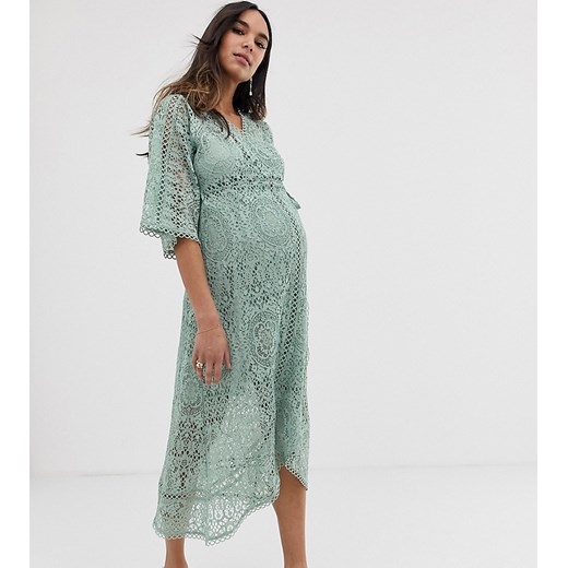 ASOS DESIGN Maternity – Koronkowa sukienka midi z kopertowym przodem-Zielony Asos 38 Asos Poland
