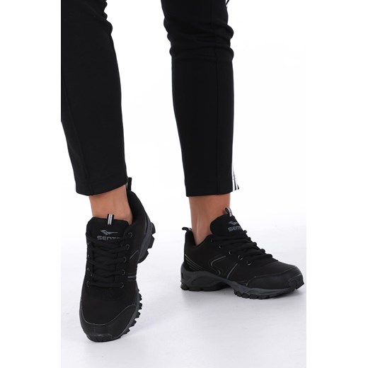 Buty sportowe damskie Casu czarne ze skóry ekologicznej płaskie gładkie sznurowane 