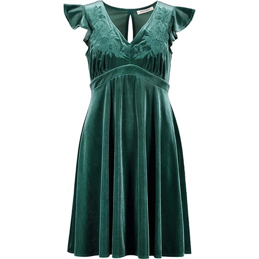 Sukienka Naf Naf zielona z haftem na sylwestra rozkloszowana z krótkim rękawem 
