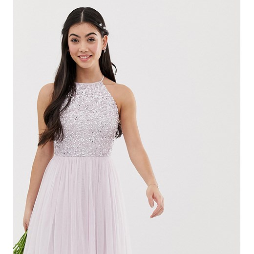 Maya Petite – Jasnoliliowa sukienka mini z tiulu z dekoltem typu halter, z delikatnymi cekinami w tym samym kolorze, z kolekcji ślubnej-Fioletowy Maya Petite 36 Asos Poland
