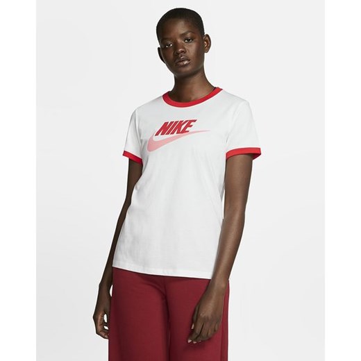 Bluzka damska Nike wiosenna z okrągłym dekoltem z nadrukami biała 
