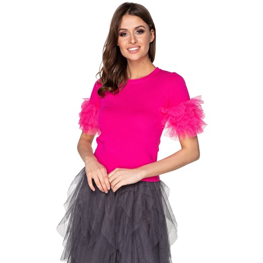 Bluzka damska różowa Ptakmoda.com z tkaniny z krótkim rękawem z okrągłym dekoltem 