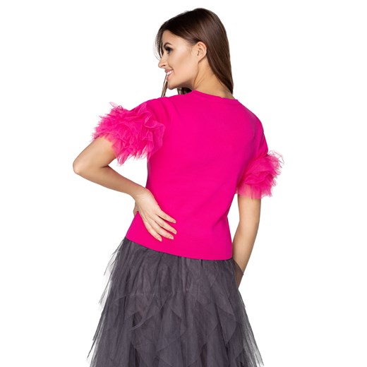 Bluzka damska Ptakmoda.com różowa z tkaniny z krótkim rękawem z okrągłym dekoltem 