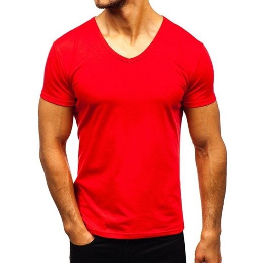 Czerwony t-shirt męski Denley gładki z krótkim rękawem 