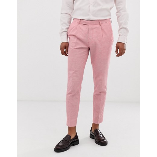 Moss London – Różowe lniane spodnie o dopasowanym kroju-Różowy
