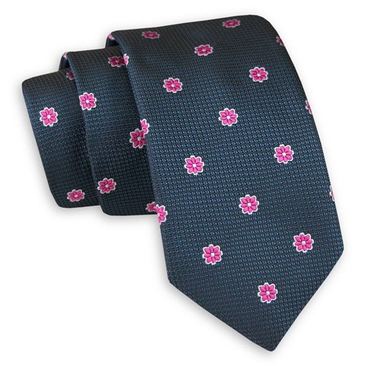 Granatowo-Zielony Elegancki Krawat  w Różowe Kwiatki -Angelo di Monti- 6 cm, Męski KRADM1698 Angelo Di Monti   JegoSzafa.pl