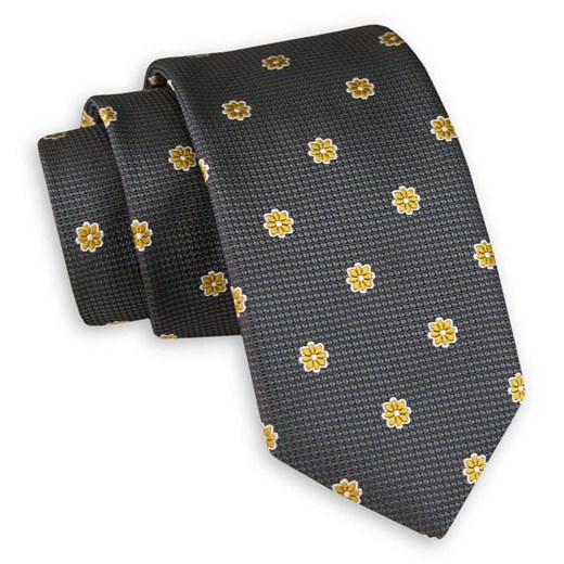 Szary Elegancki Krawat -Angelo di Monti- 6 cm, Męski, w Żółte Kwiatki KRADM1706 Angelo Di Monti   JegoSzafa.pl