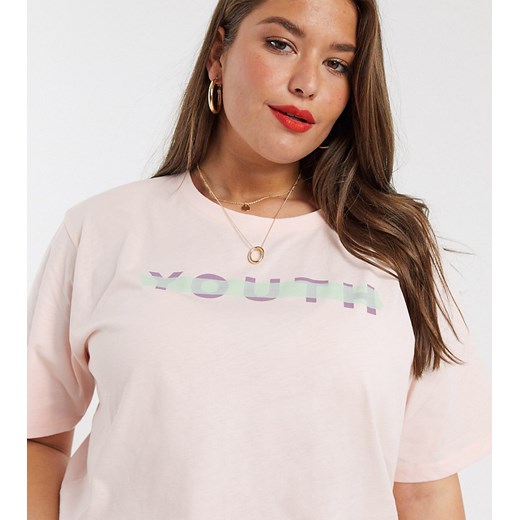 Native Youth Plus – Luźny T-shirt z bawełny organicznej z logo "Youth"-Różowy