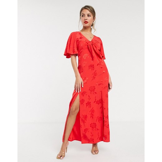 Style Cheat — Czerwona żakardowa sukienka midaxi w kwiaty z rozcięciami na udzie i rozszerzanymi rękawami-Różowy  Style Cheat 42 Asos Poland