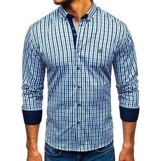 Koszula męska w kratę vichy z długim rękawem błękitna Bolf 4712