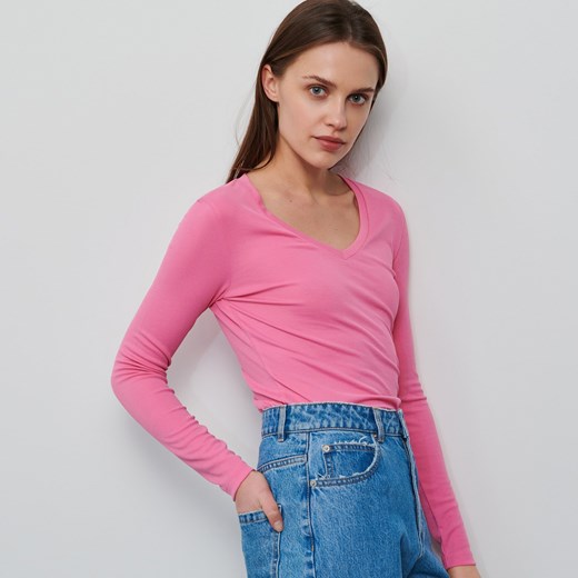 Bluzka damska różowa Reserved bez wzorów casual z długimi rękawami 
