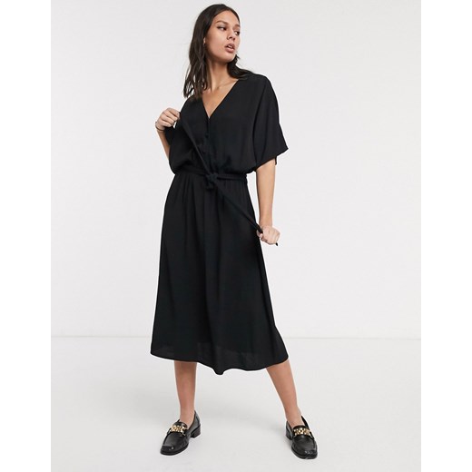 Selected Femme – Czarna sukienka kopertowa midi z kimonowym rękawem-Czarny  SELECTED 42 Asos Poland