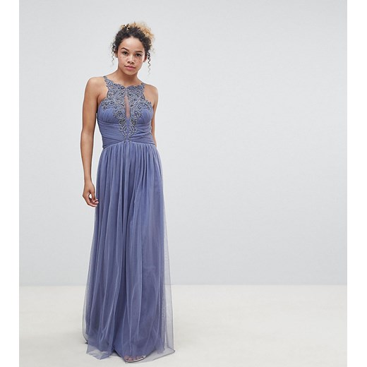 Little Mistress Petite – Sukienka maxi z kwiatową aplikacją-Niebieski Little Mistress 42 Asos Poland