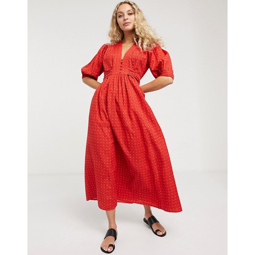 Sukienka Mih Jeans z dekoltem w literę v czerwona na randkę z długim rękawem 