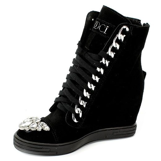Buty sportowe damskie Booci w stylu młodzieżowym czarne wiązane skórzane na koturnie 