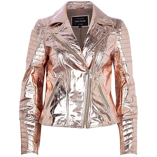 Rose gold metallic leather biker jacket river-island bezowy kurtki