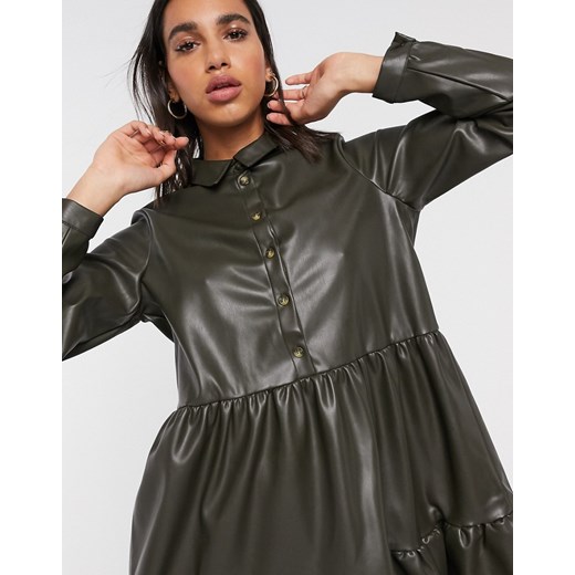 Vero Moda – Luźna sukienka w kolorze khaki z imitacji skóry z warstwowym dołem-Zielony  Vero Moda S Asos Poland