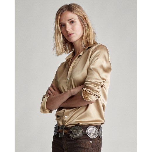 Złota koszula damska Ralph Lauren z długimi rękawami jedwabna z kołnierzykiem