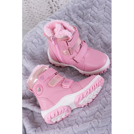 Buty zimowe dziecięce Casu różowe bez wzorów na rzepy śniegowce 
