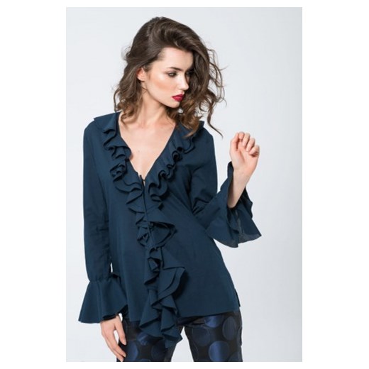 Ola Melcer bluzka damska bawełniana z długimi rękawami niebieska z dekoltem w literę v elegancka 