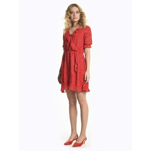 Sukienka Gate czerwona mini bez wzorów na randkę z dekoltem w literę v z szyfonu z krótkimi rękawami 