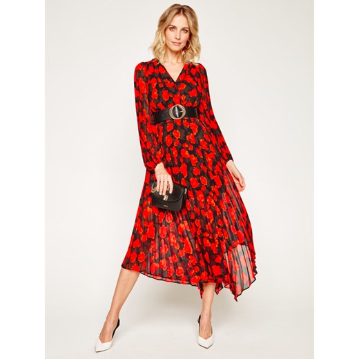 Sukienka The Kooples czerwona midi w abstrakcyjnym wzorze z długim rękawem
