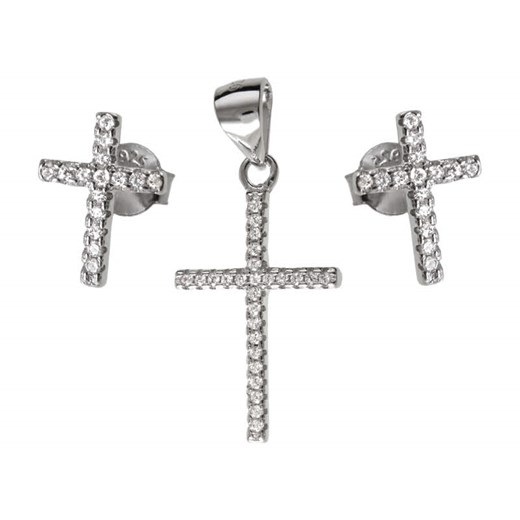 Delikatny rodowany srebrny komplet krzyżyk krzyż cross białe cyrkonie srebro 925 Z0685  Valerio  Valerio.pl