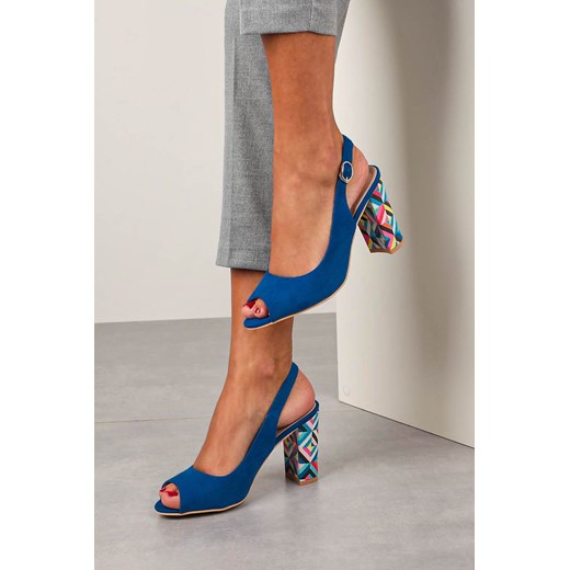 Sandały damskie Casu w geometryczne wzory niebieskie eleganckie 