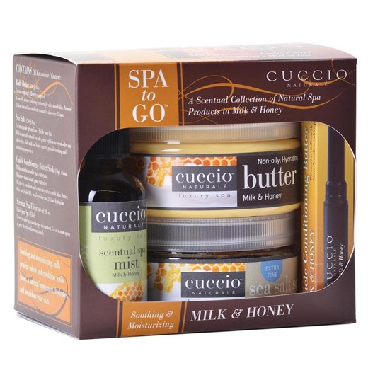 Cuccio SPA to Go | Zestaw pielęgnacyjny - mleko i miód (masło do ciała 240g + sól morska 240g + sztyft do skórek paznokci 1,6g + eliksir aromatyczny 60ml)