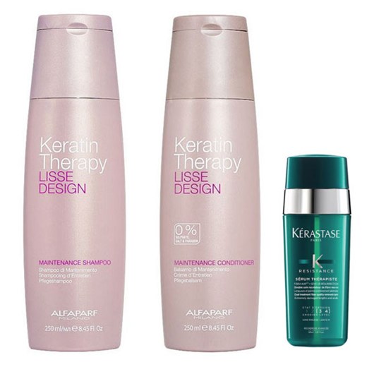 Alfaparf Keratin Therapy Maintenance and Therapiste  | Zestaw do włosów: szampon 250ml + odżywka podtrzymująca efekt wygładzenia 250ml + serum do zniszczonych końcówek 30ml