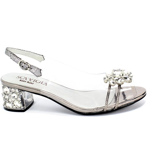 Sandały damskie Sca'Viola srebrne skórzane eleganckie na średnim obcasie na słupku letnie 