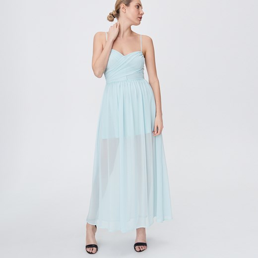 Sukienka Sinsay maxi na ramiączkach niebieska z dekoltem w serek na karnawał 