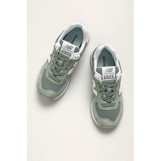 Buty sportowe damskie zielone New Balance w stylu casual płaskie ze skóry 