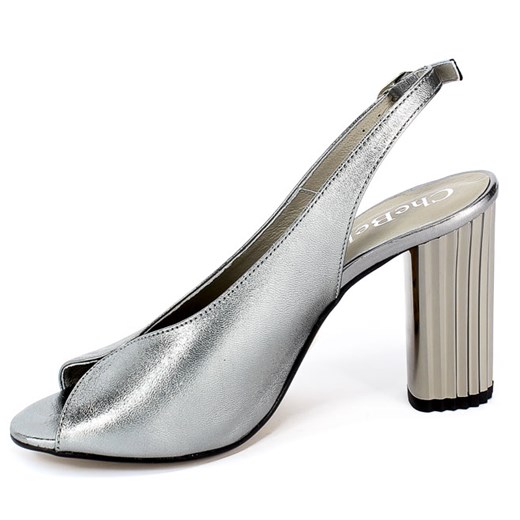 Sandały damskie srebrne Chebello skórzane eleganckie na średnim obcasie na z klamrą 