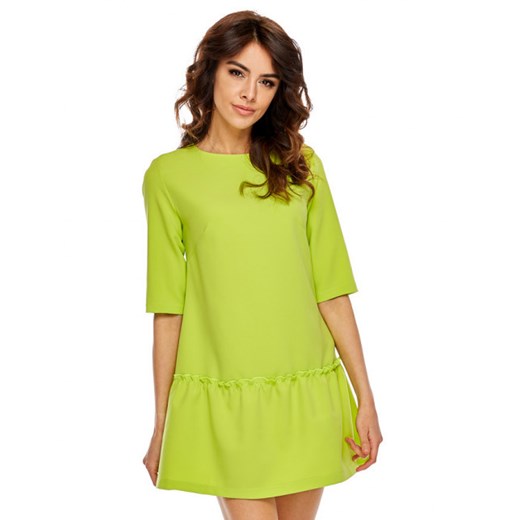 Sukienka Ooh La La bez wzorów do pracy zielona z okrągłym dekoltem z długim rękawem 