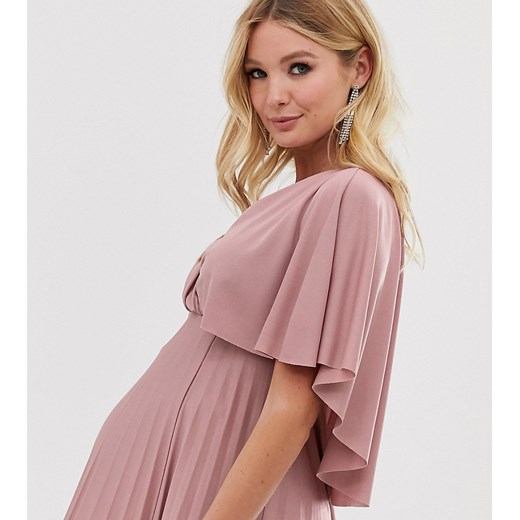 ASOS DESIGN Maternity – Plisowana sukienka midi z pelerynką na plecach-Różowy
