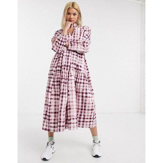 Damson Madder – Warstwowa sukienka maxi w kratę z bawełny organicznej, wiązanie z kokardą przy szyi-Różowy  Damson Madder  Asos Poland
