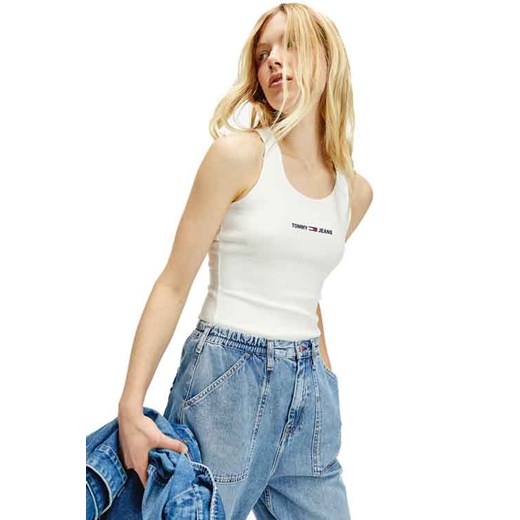 Bluzka damska biała Tommy Jeans młodzieżowa na wiosnę z okrągłym dekoltem 