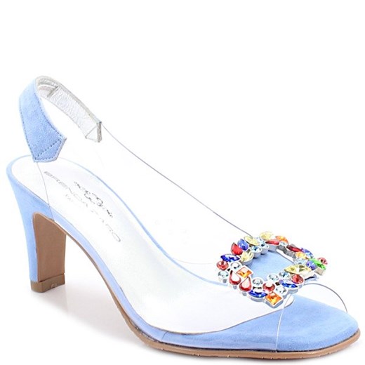 Sandały damskie niebieskie Brenda Zaro z niskim obcasem skórzane w kwiaty na obcasie 