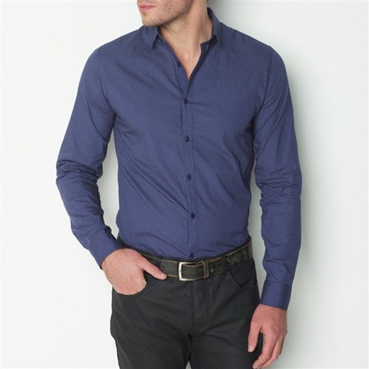 Koszula z nadrukiem w groszki, wąski krój (dopasowany), długi rękaw la-redoute-pl niebieski bawełniane