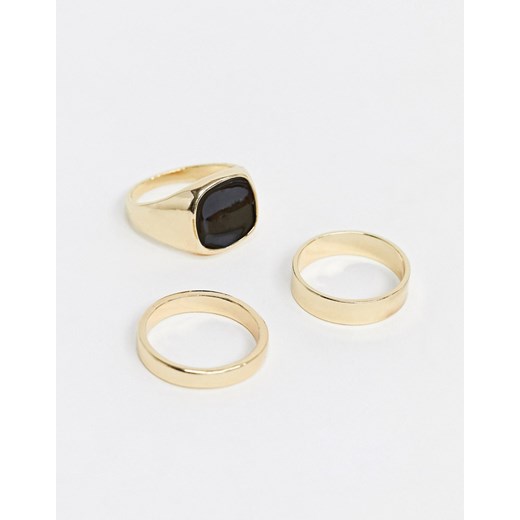 DesignB – Zestaw pierścionków w kolorze złota ze zdobieniami z czarnej emalii-Złoty Designb London  M/L Asos Poland