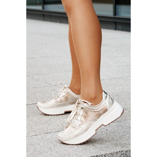 Saway buty sportowe damskie sneakersy złote bez wzorów1 sznurowane płaskie w stylu klasycznym 