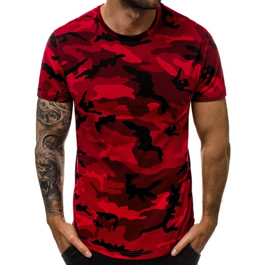 T-shirt męski czerwony Ozonee moro z krótkim rękawem młodzieżowy na wiosnę 