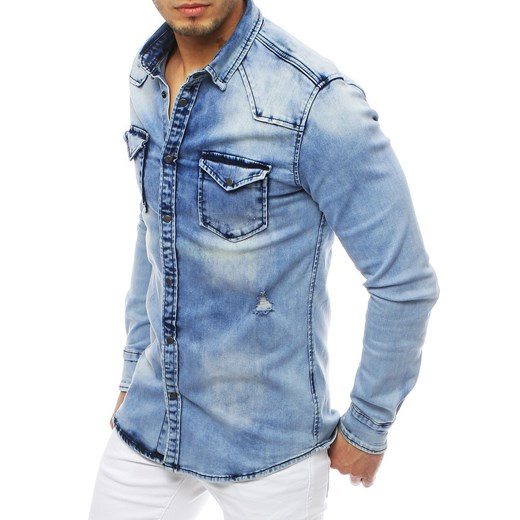 Koszula męska Dstreet niebieska bez wzorów z elastanu z długimi rękawami 